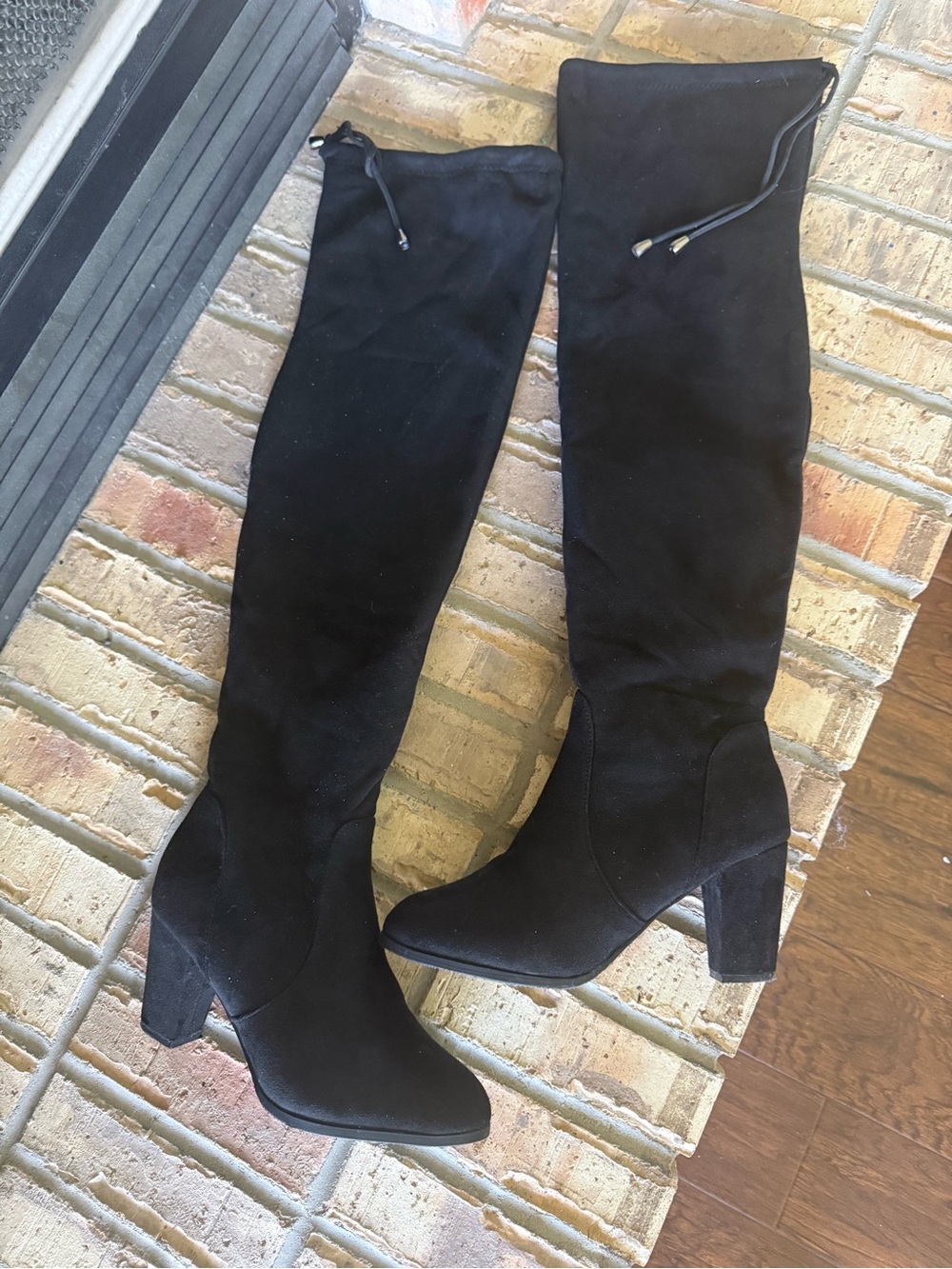Over-the-Knee Black Suede Heel Boots with Drawstring Top